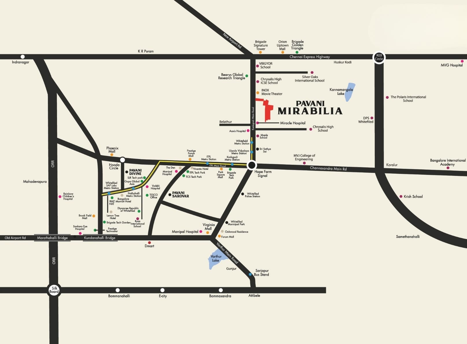 Pavani Mirabilia Location Map - Seegehalli, Whitefield Main Road Near Kadugodi Metro, ITPL & Budigere Cross